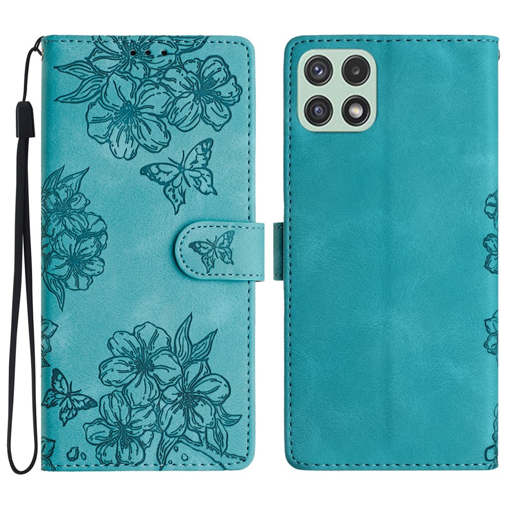 For Samsung Galaxy A22 5G (EU Version) Case Sakura Butterfly Pattern Anti-scratch Leather Phone Cover - Green