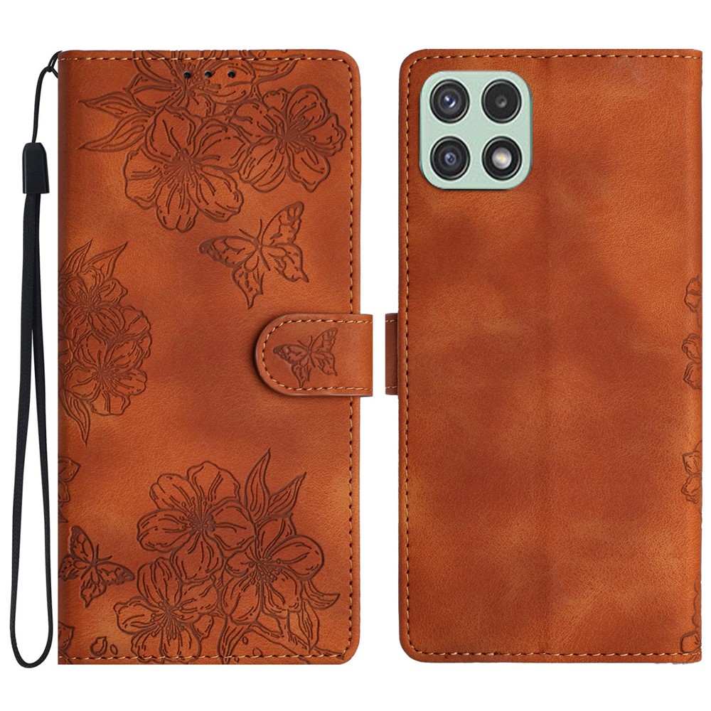 For Samsung Galaxy A22 5G (EU Version) Case Sakura Butterfly Pattern Anti-scratch Leather Phone Cover - Brown