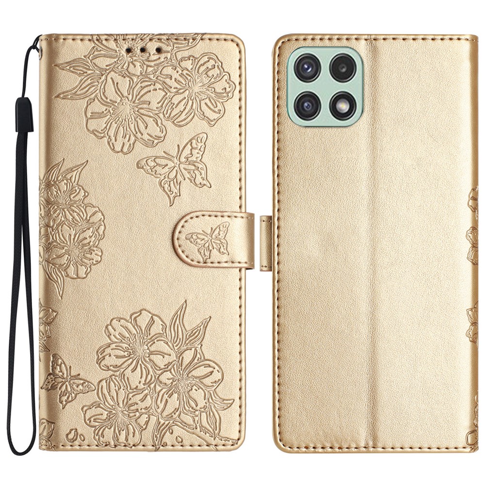 For Samsung Galaxy A22 5G (EU Version) Case Sakura Butterfly Pattern Anti-scratch Leather Phone Cover - Gold