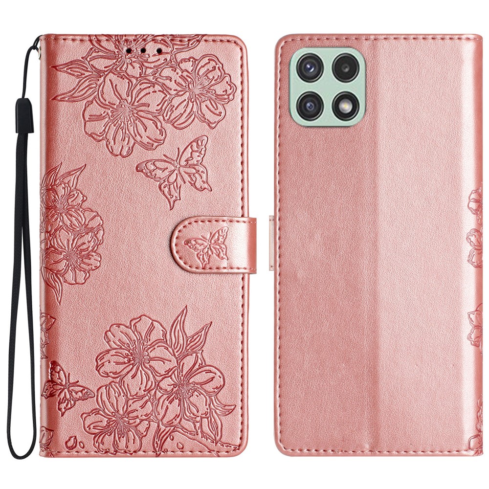 For Samsung Galaxy A22 5G (EU Version) Case Sakura Butterfly Pattern Anti-scratch Leather Phone Cover - Rose Gold