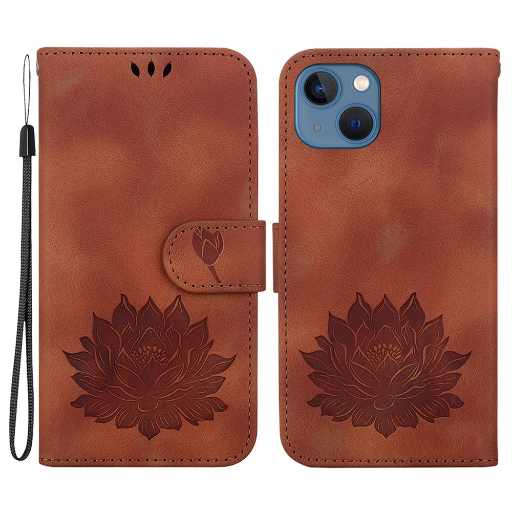 For iPhone 14 Case Lotus Imprinted PU Leather Flip Phone Wallet Cover - Brown