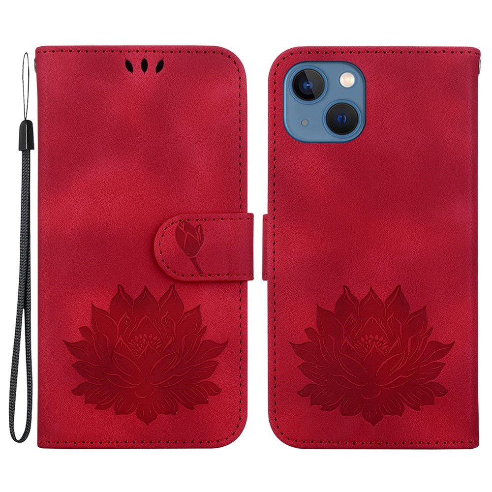 For iPhone 14 Case Lotus Imprinted PU Leather Flip Phone Wallet Cover - Red