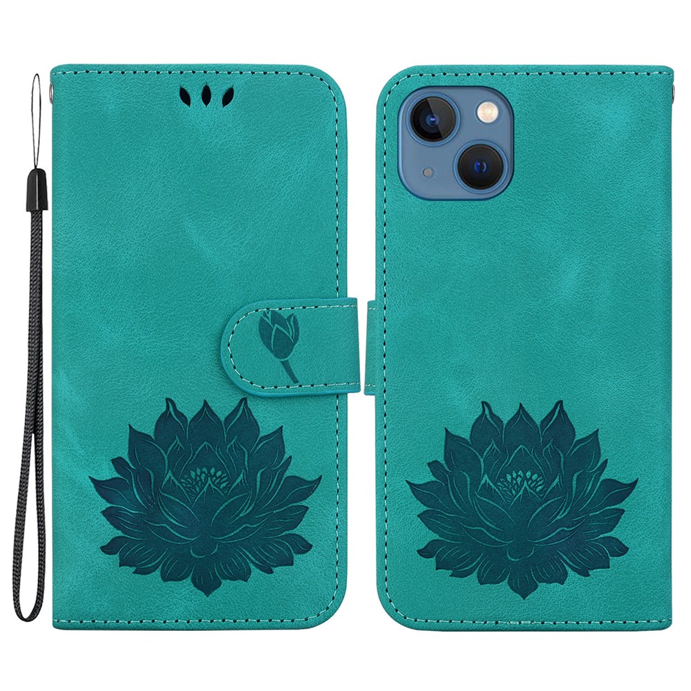 For iPhone 14 Case Lotus Imprinted PU Leather Flip Phone Wallet Cover - Green