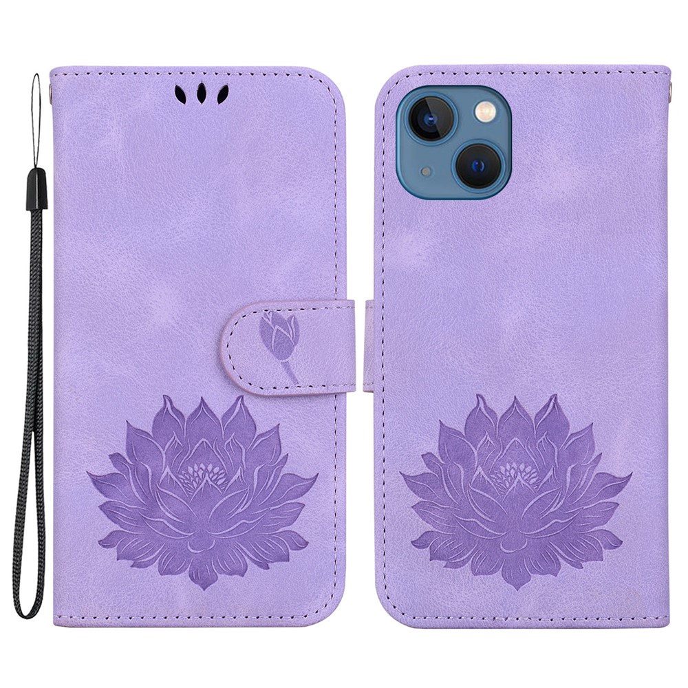 For iPhone 14 Case Lotus Imprinted PU Leather Flip Phone Wallet Cover - Purple