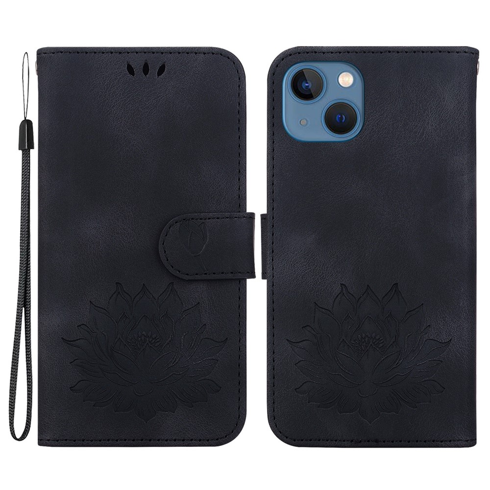 For iPhone 14 Case Lotus Imprinted PU Leather Flip Phone Wallet Cover - Black