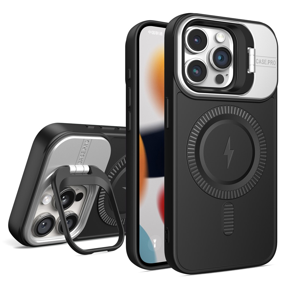 For iPhone 13 Pro Max Magnetic Case PC+TPU Phone Cover with Lens Frame Kickstand - Black