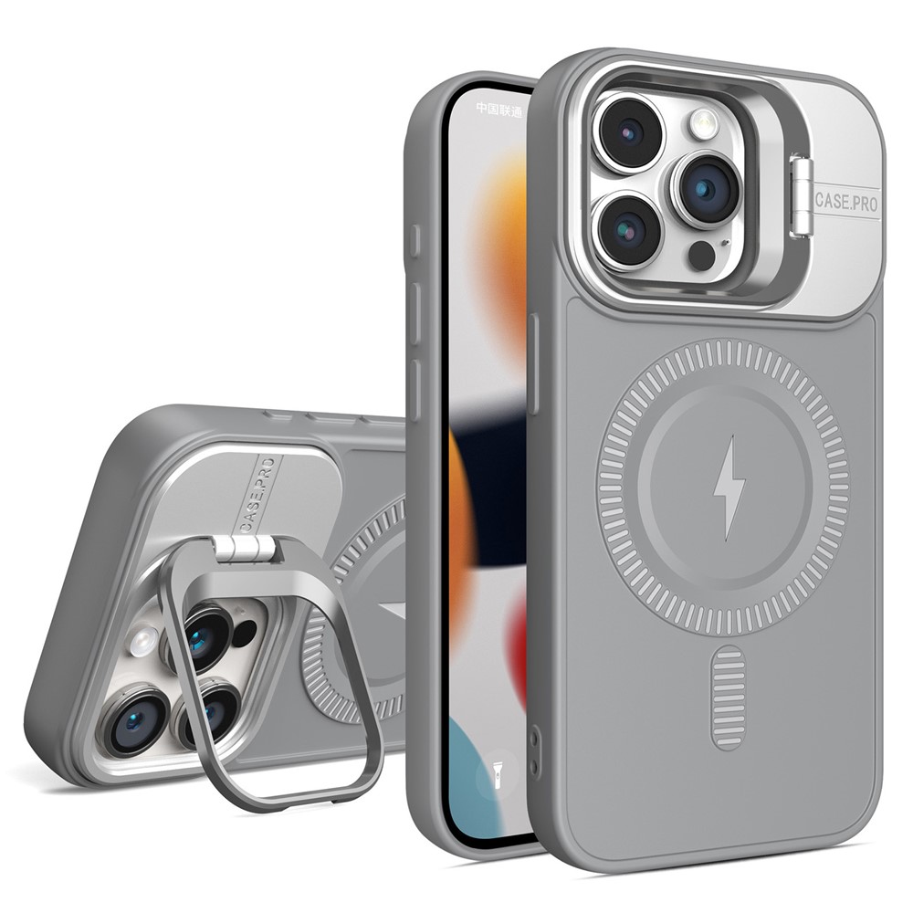 For iPhone 13 Pro Max Magnetic Case PC+TPU Phone Cover with Lens Frame Kickstand - Titanium Grey