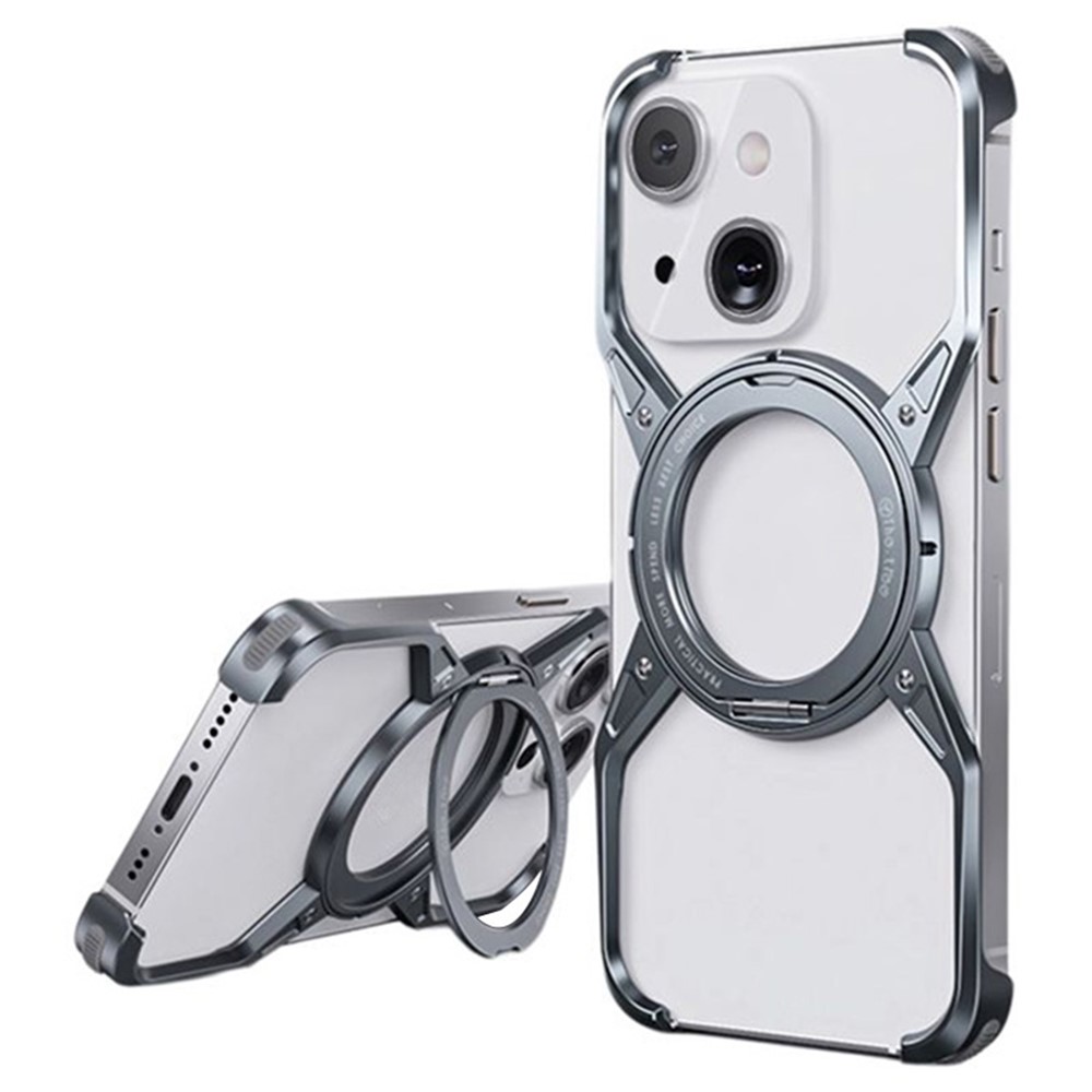 For iPhone 15 / 14 / 13 Bumper Case Frameless Aluminum Alloy Kickstand Phone Cover - Grey