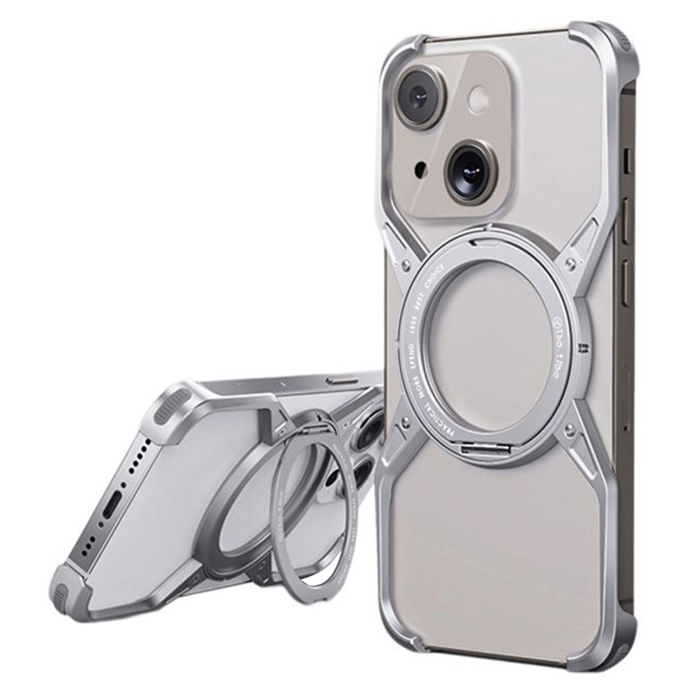 For iPhone 15 / 14 / 13 Bumper Case Frameless Aluminum Alloy Kickstand Phone Cover - Silver