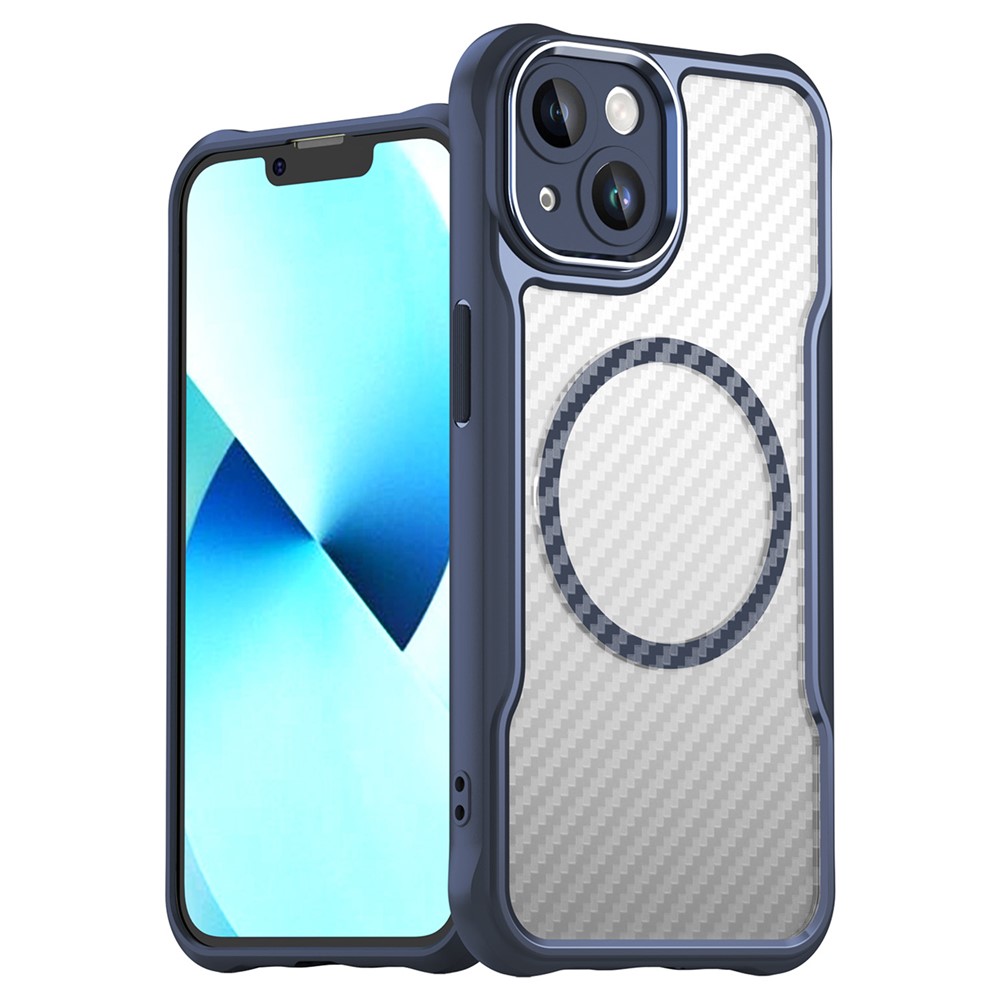 For iPhone 13 Magnetic Case Carbon Fiber Texture TPU+PC Phone Cover Compatible with MagSafe - Blue