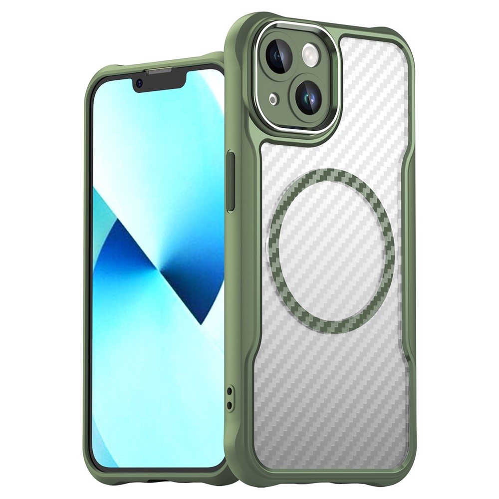 For iPhone 13 Magnetic Case Carbon Fiber Texture TPU+PC Phone Cover Compatible with MagSafe - Green