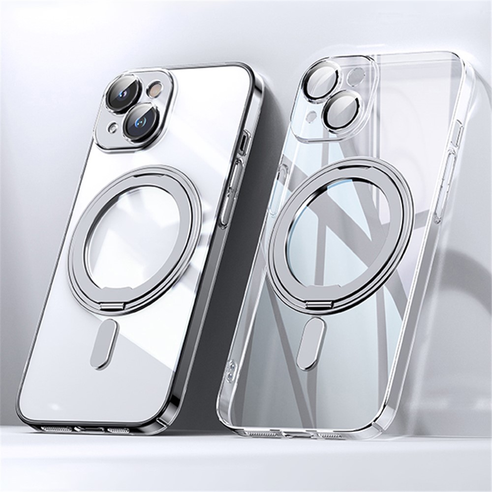 For iPhone 15 Plus Magnetic Case Ring Kickstand PC+TPU Clear Back Phone Cover - Transparent