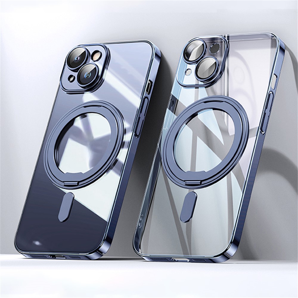 For iPhone 14 Plus Magnetic Case Rotatable Kickstand PC+TPU Phone Cover Built-in Lens Film - Blue