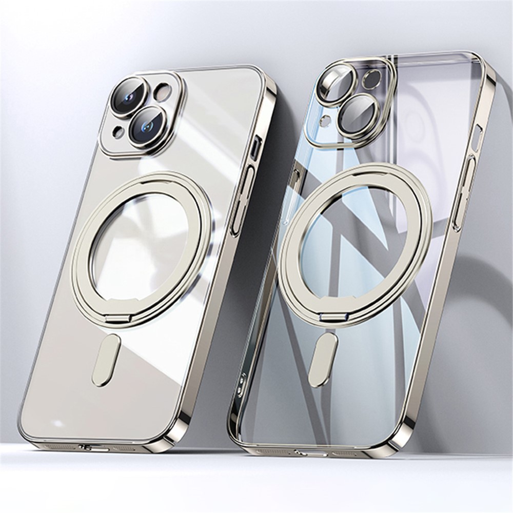 For iPhone 14 Plus Magnetic Case Rotatable Kickstand PC+TPU Phone Cover Built-in Lens Film - Titanium Gold