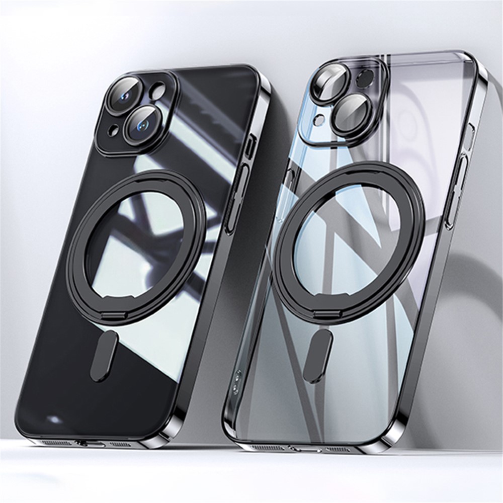 For iPhone 14 Plus Magnetic Case Rotatable Kickstand PC+TPU Phone Cover Built-in Lens Film - Black