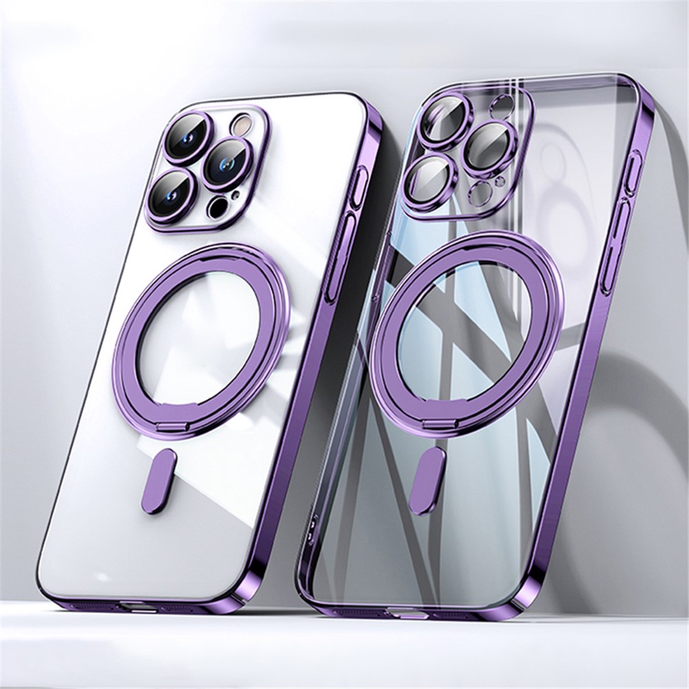 For iPhone 13 Pro Magnetic Case Full Camera Protection PC+TPU Phone Cover Invisible Kickstand - Purple