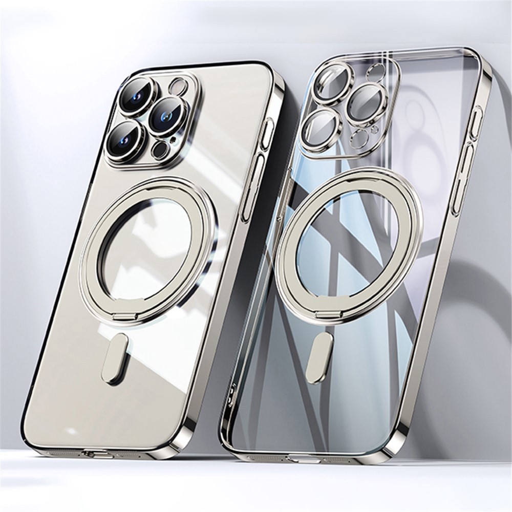 For iPhone 13 Pro Magnetic Case Full Camera Protection PC+TPU Phone Cover Invisible Kickstand - Titanium Gold