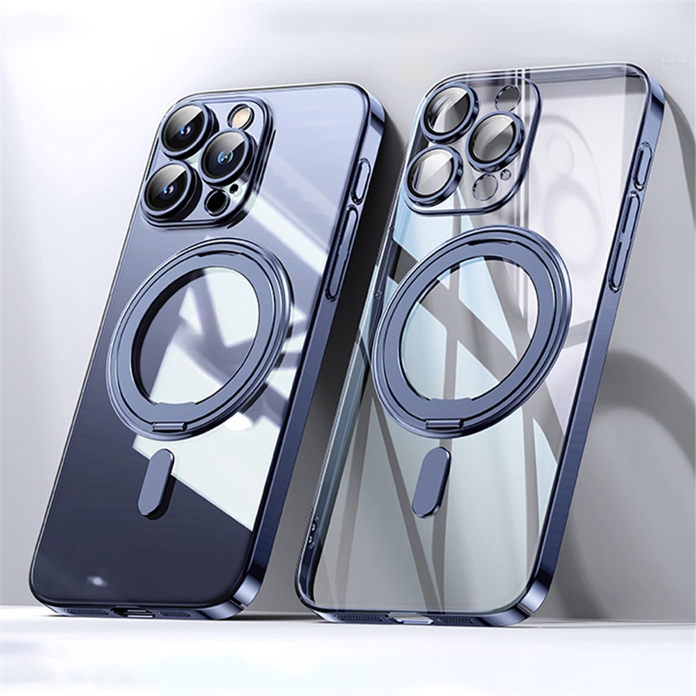 For iPhone 13 Pro Max Magnetic Case Ring Kickstand Lens Film PC+TPU Phone Cover - Blue