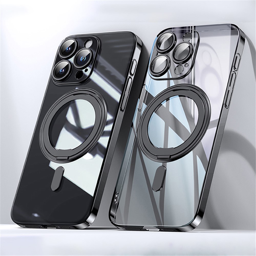 For iPhone 13 Pro Max Magnetic Case Ring Kickstand Lens Film PC+TPU Phone Cover - Black