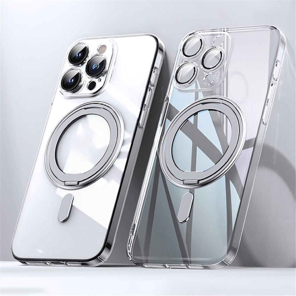 For iPhone 13 Pro Max Magnetic Case Ring Kickstand Lens Film PC+TPU Phone Cover - Transparent