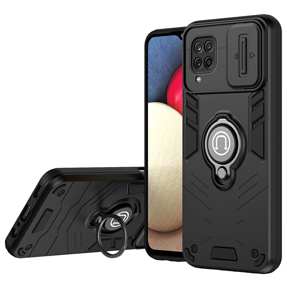 For Samsung Galaxy A12 Case Slide Camshield Kickstand PC+TPU Phone Cover - Black