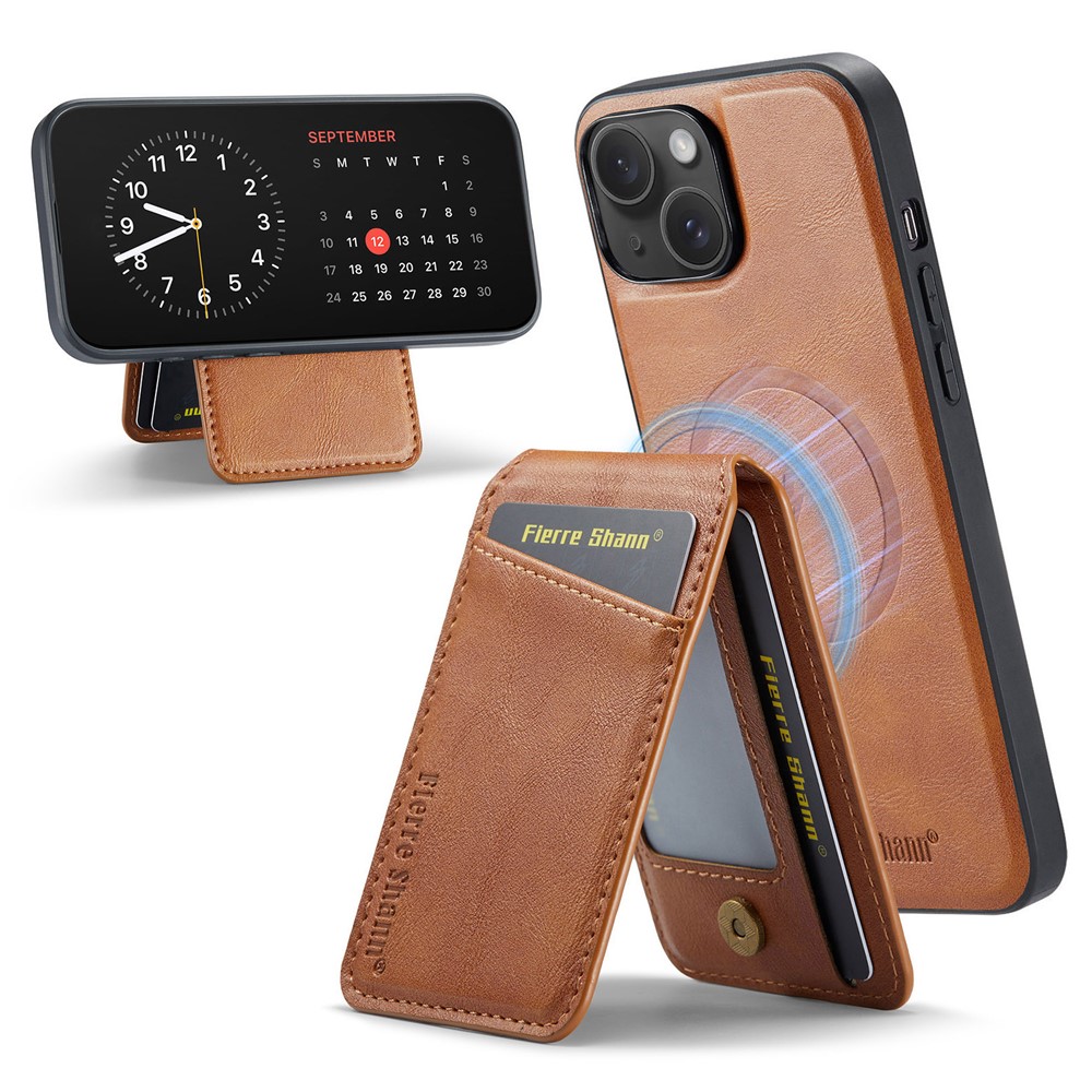 FIERRE SHANN 025 Style For iPhone 15 Plus Case with Detachable Card Holder Kickstand Leather+TPU Phone Cover - Brown