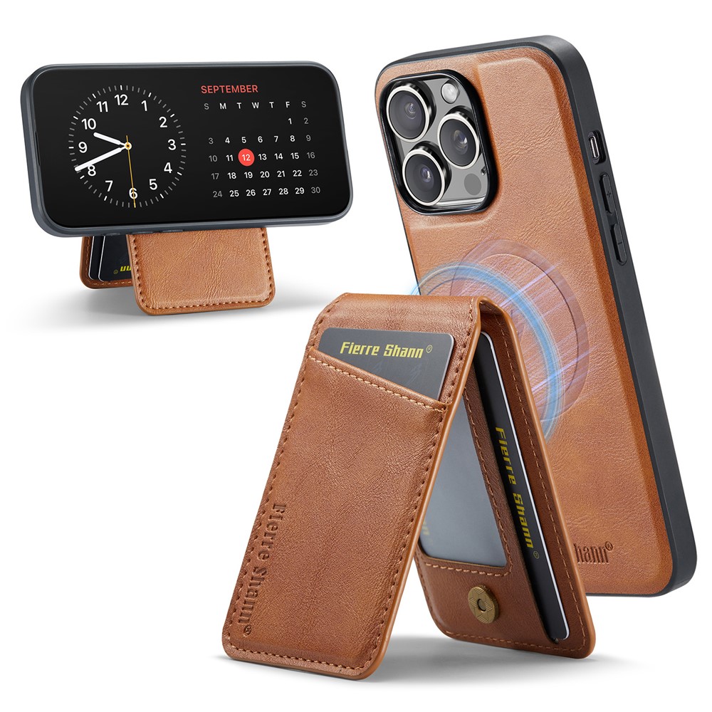 FIERRE SHANN 025 Style For iPhone 13 Pro Max Case Card Holder PU+TPU Phone Cover with Kickstand - Brown
