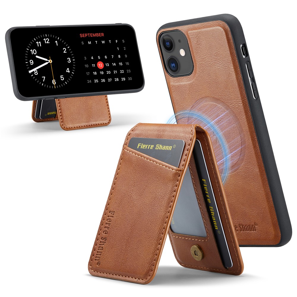 FIERRE SHANN 025 Style For iPhone 11 Case Leather+TPU Phone Cover Detachable Card Bag - Brown