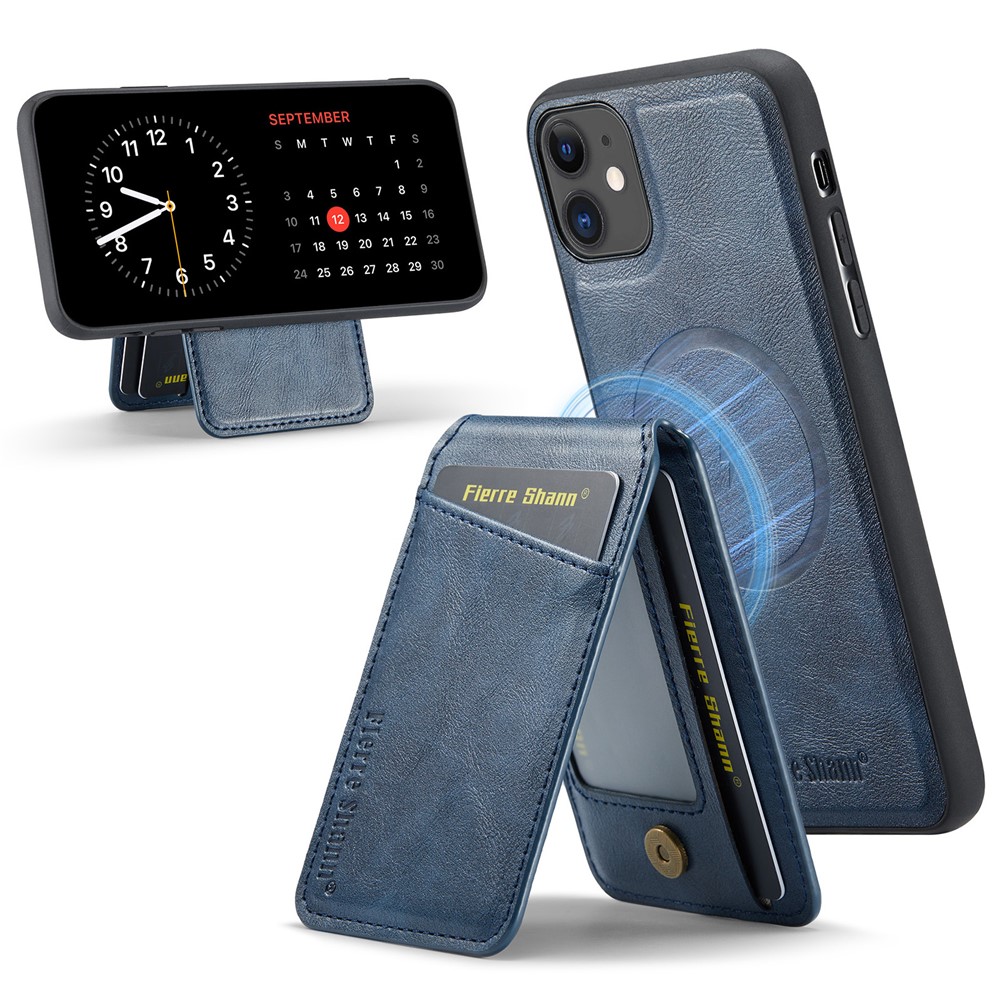 FIERRE SHANN 025 Style For iPhone 11 Case Leather+TPU Phone Cover Detachable Card Bag - Blue