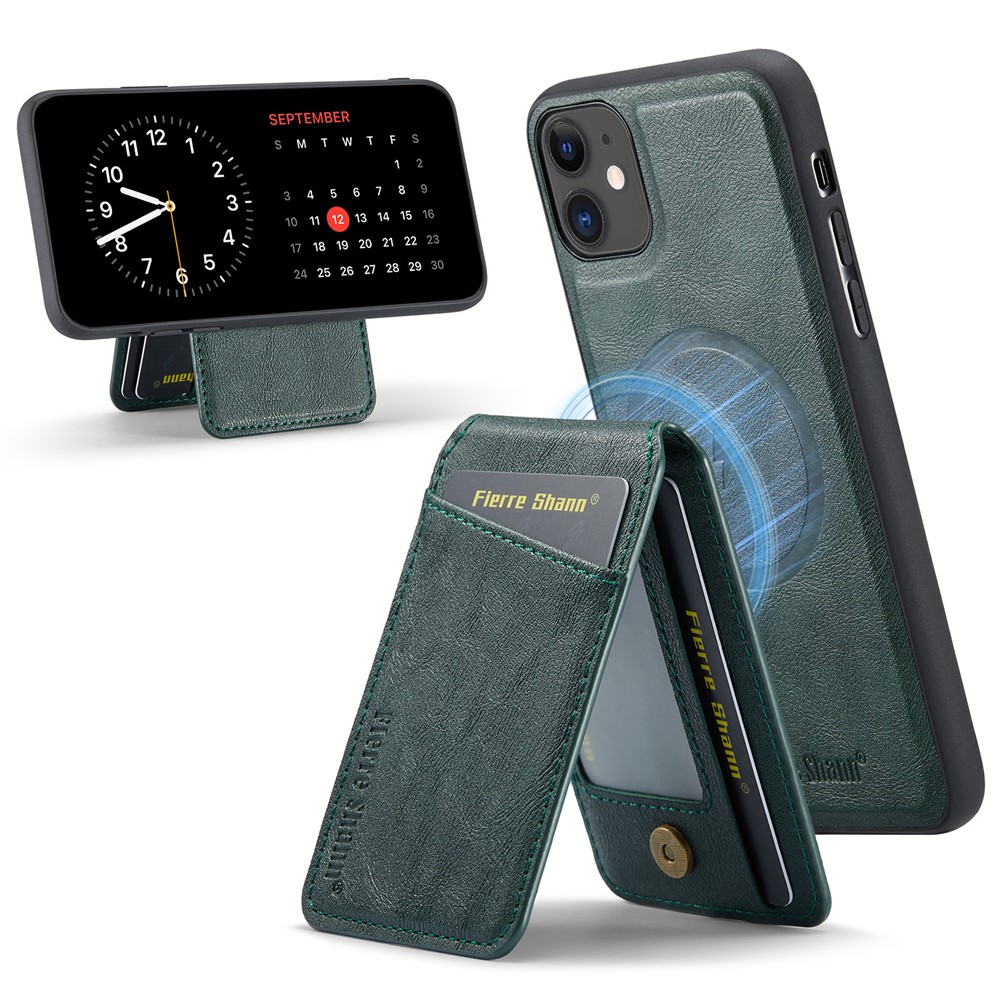 FIERRE SHANN 025 Style For iPhone 11 Case Leather+TPU Phone Cover Detachable Card Bag - Green