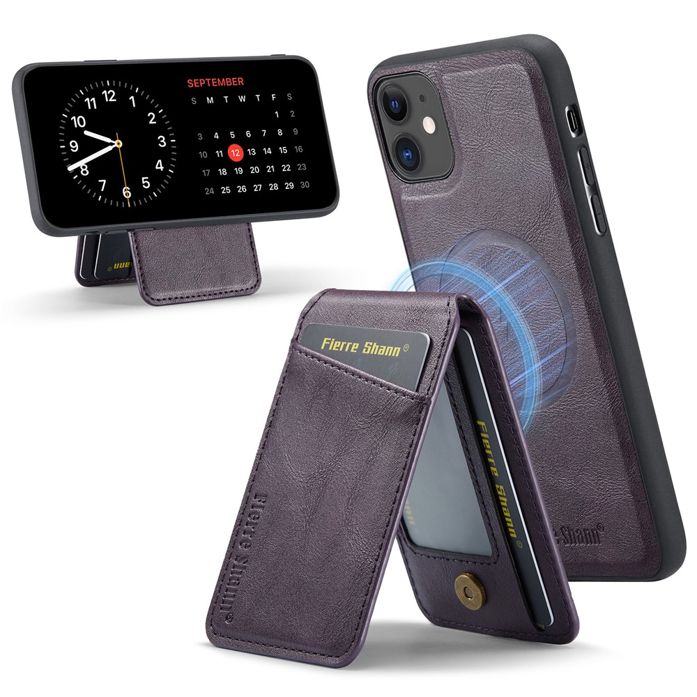FIERRE SHANN 025 Style For iPhone 11 Case Leather+TPU Phone Cover Detachable Card Bag - Purple