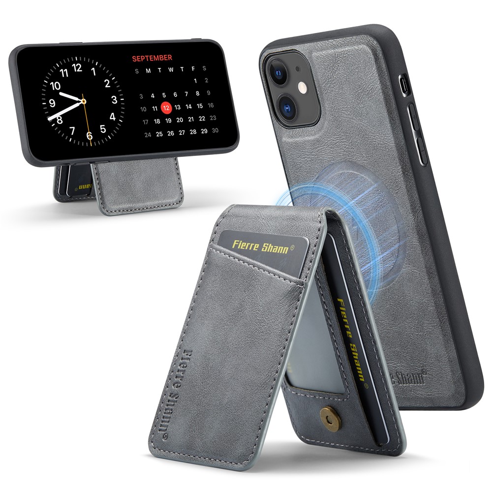 FIERRE SHANN 025 Style For iPhone 11 Case Leather+TPU Phone Cover Detachable Card Bag - Grey
