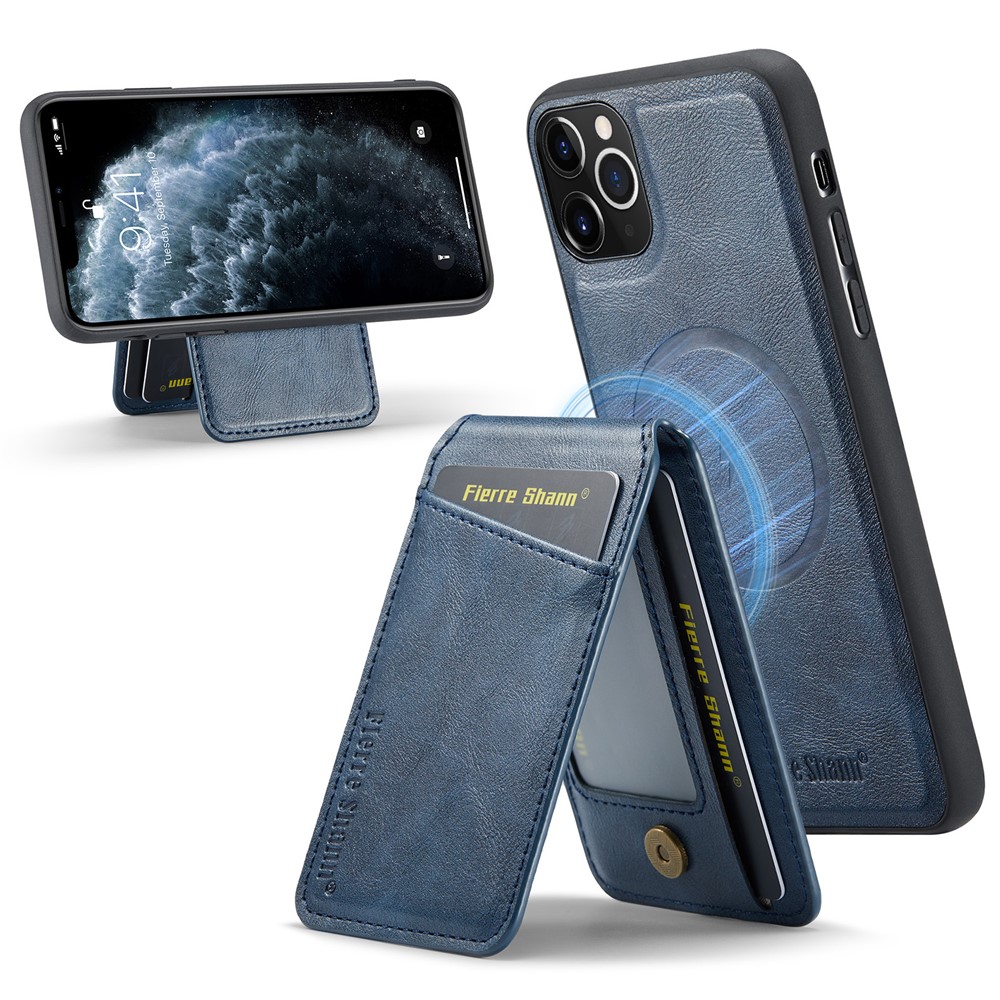FIERRE SHANN 025 Style For iPhone 11 Pro Max Case Leather Back Cover Magnetic Card Holder RFID Blocking - Blue