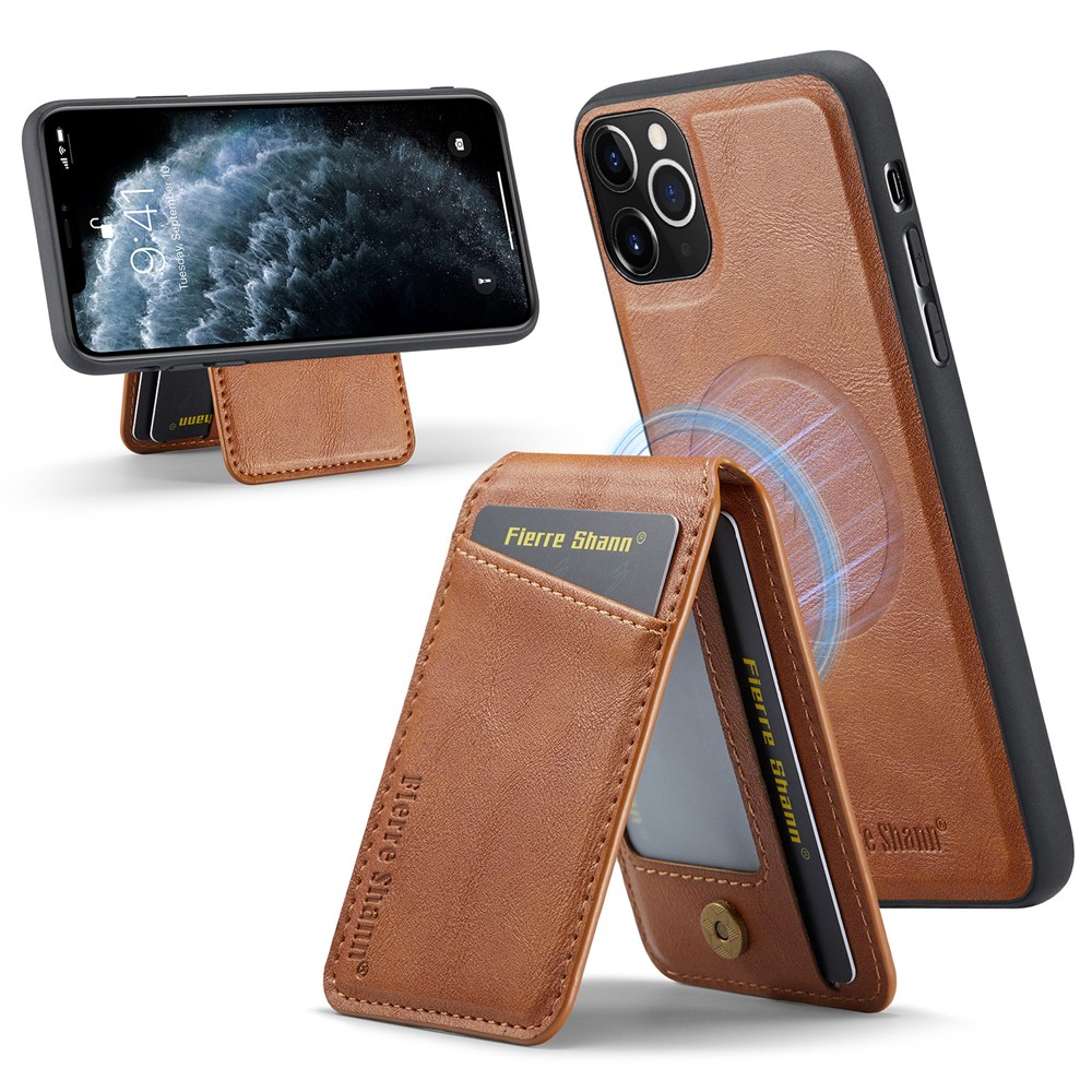 FIERRE SHANN 025 Style For iPhone 11 Pro Max Case Leather Back Cover Magnetic Card Holder RFID Blocking - Brown