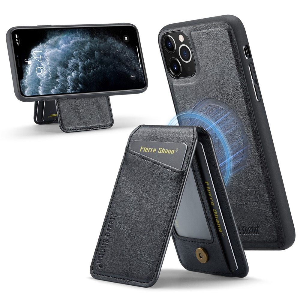 FIERRE SHANN 025 Style For iPhone 11 Pro Max Case Leather Back Cover Magnetic Card Holder RFID Blocking - Black