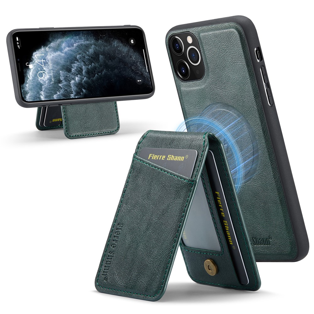 FIERRE SHANN 025 Style For iPhone 11 Pro Max Case Leather Back Cover Magnetic Card Holder RFID Blocking - Green