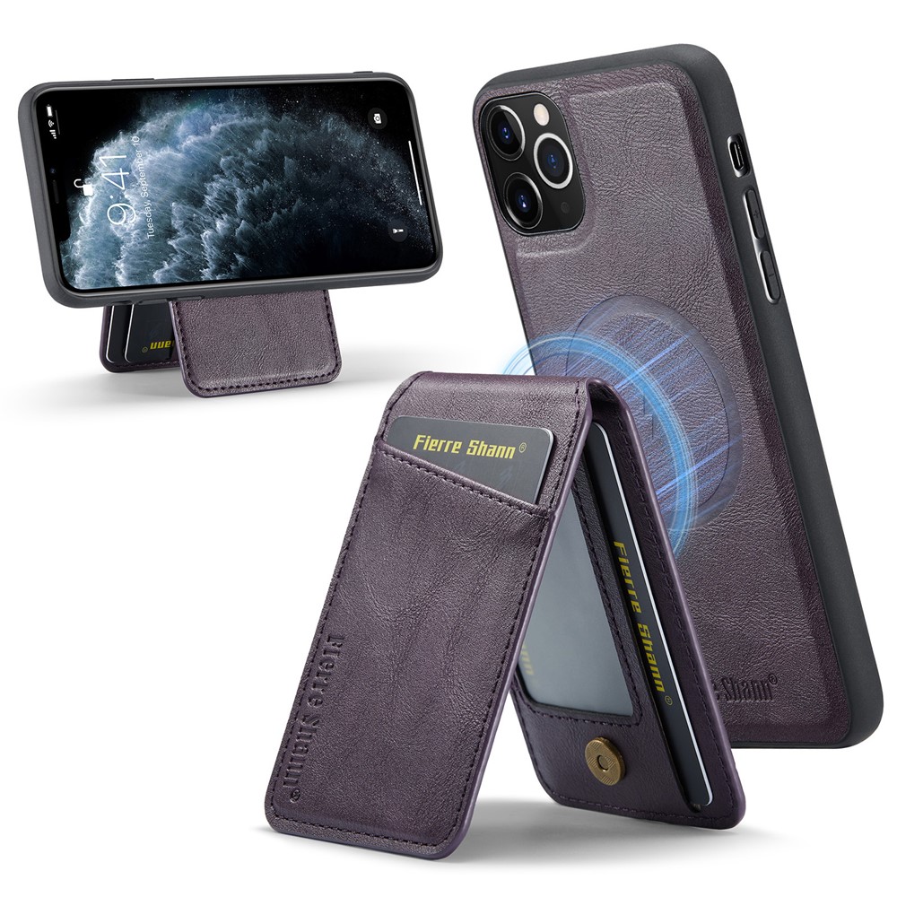 FIERRE SHANN 025 Style For iPhone 11 Pro Max Case Leather Back Cover Magnetic Card Holder RFID Blocking - Purple