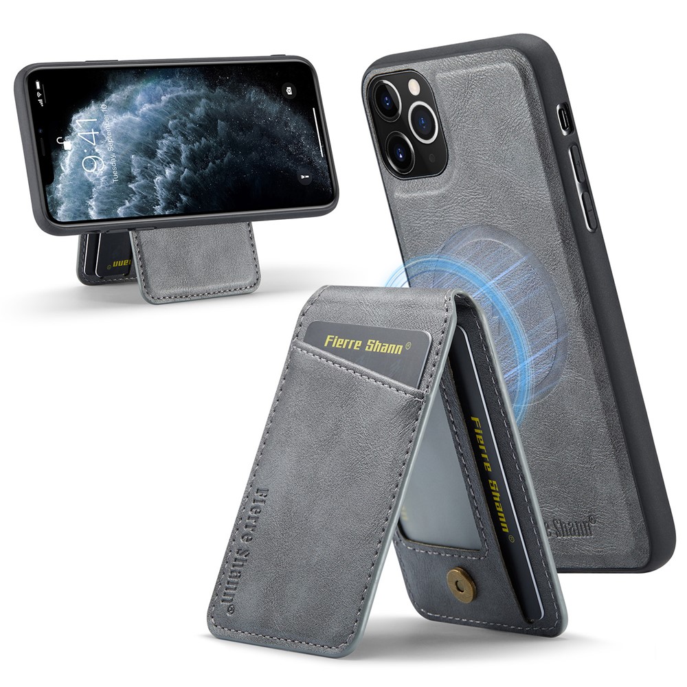 FIERRE SHANN 025 Style For iPhone 11 Pro Max Case Leather Back Cover Magnetic Card Holder RFID Blocking - Grey