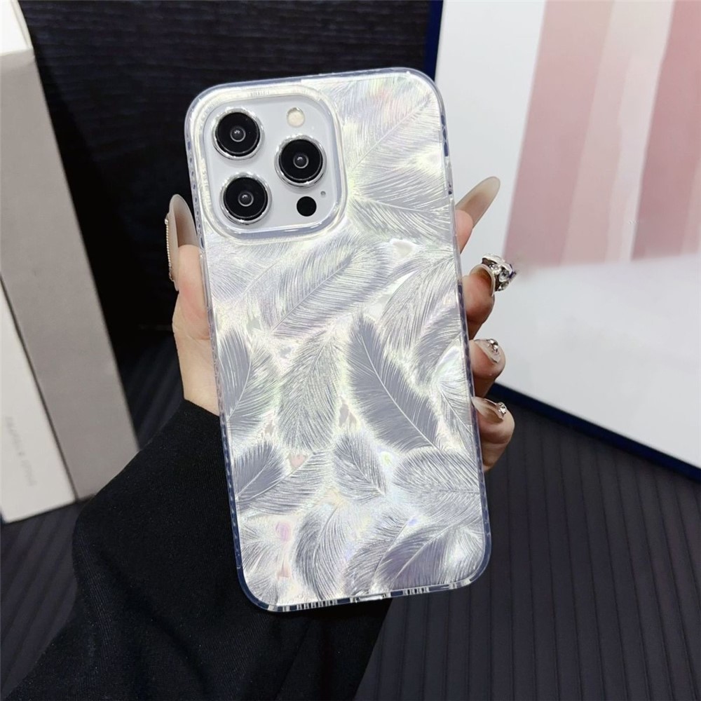 For iPhone 12 Pro Case Silver Feather Pattern Laser Process Shockproof PC Phone Cover