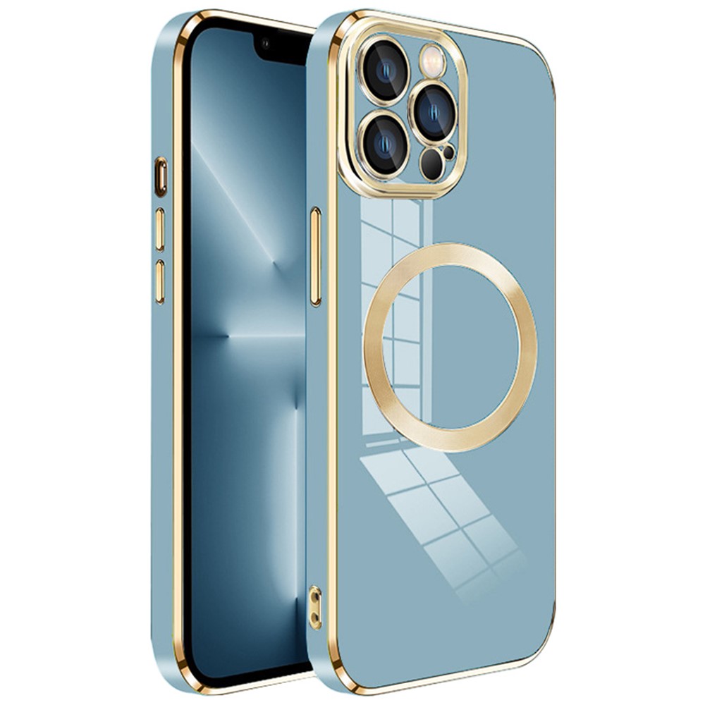 For iPhone 13 Pro Max Magnetic Phone Case Electroplating TPU Cover with Lens Film - Blue