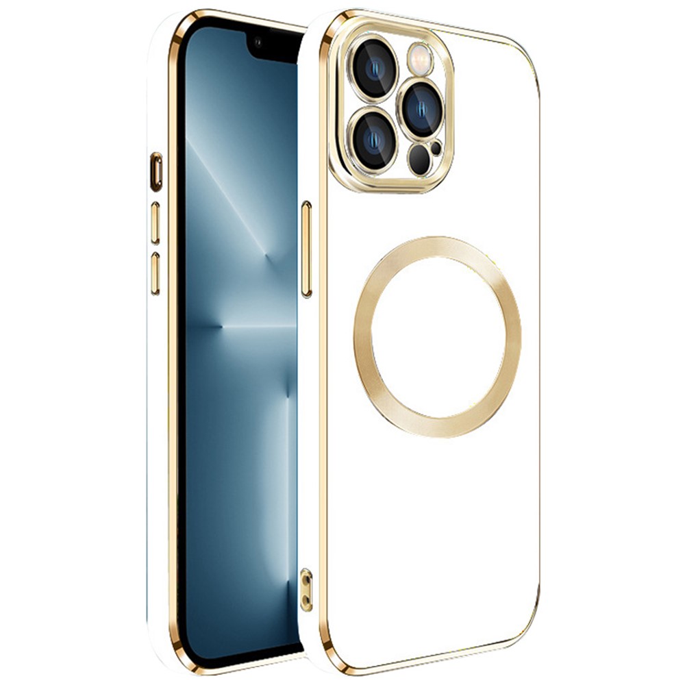 For iPhone 13 Pro Max Magnetic Phone Case Electroplating TPU Cover with Lens Film - White