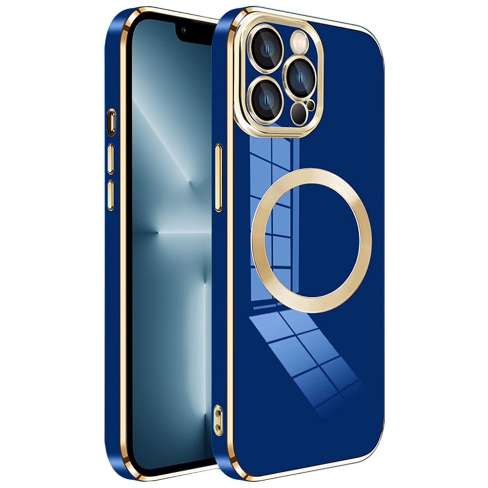 For iPhone 13 Pro Max Magnetic Phone Case Electroplating TPU Cover with Lens Film - Navy Blue