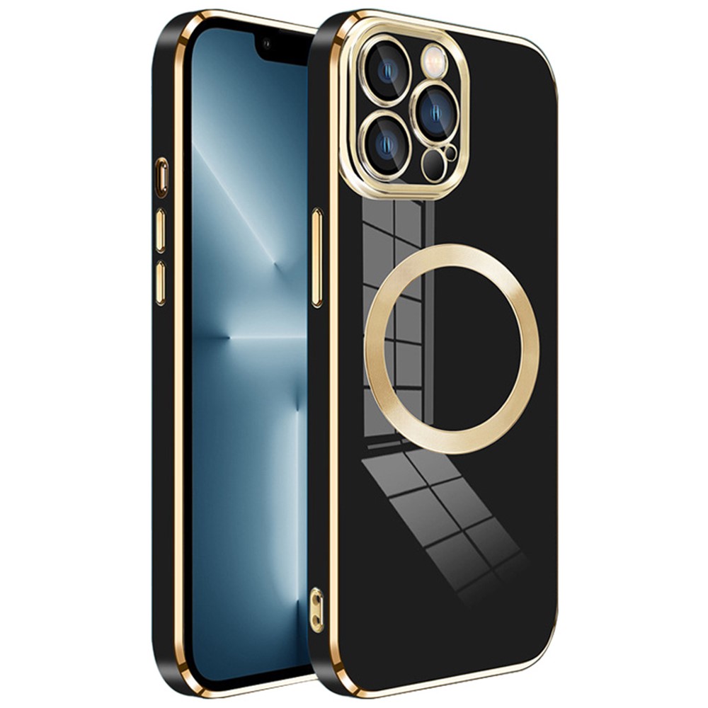 For iPhone 13 Pro Magnetic Case Compatible with MagSafe Electroplating TPU Cover Lens Protector - Black