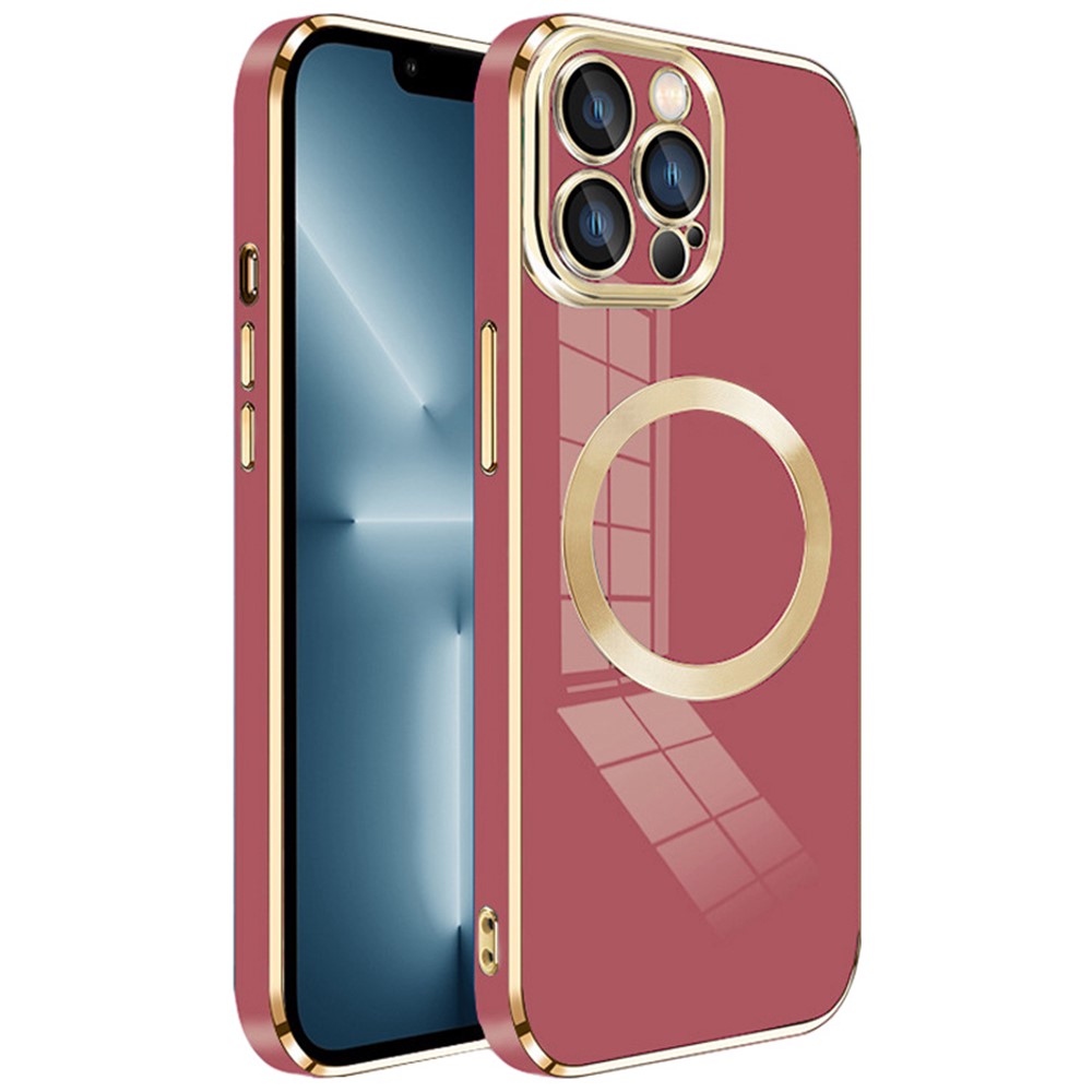 For iPhone 13 Pro Magnetic Case Compatible with MagSafe Electroplating TPU Cover Lens Protector - Wine Red