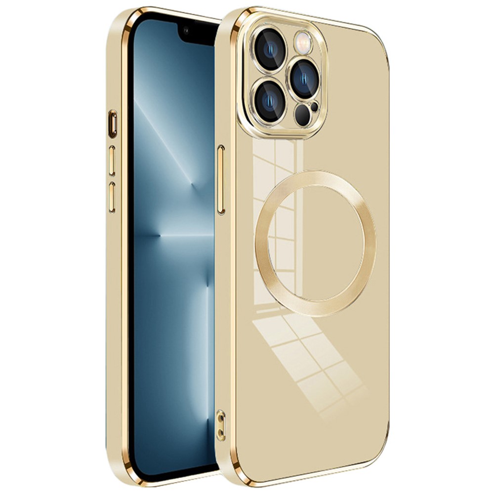 For iPhone 13 Pro Magnetic Case Compatible with MagSafe Electroplating TPU Cover Lens Protector - Gold