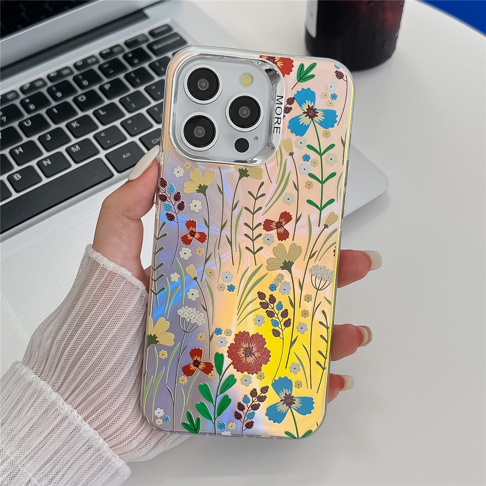 For iPhone 13 Pro Case Flower Pattern Laser Texture Electroplated Anti-scratch Phone Cover - AH6