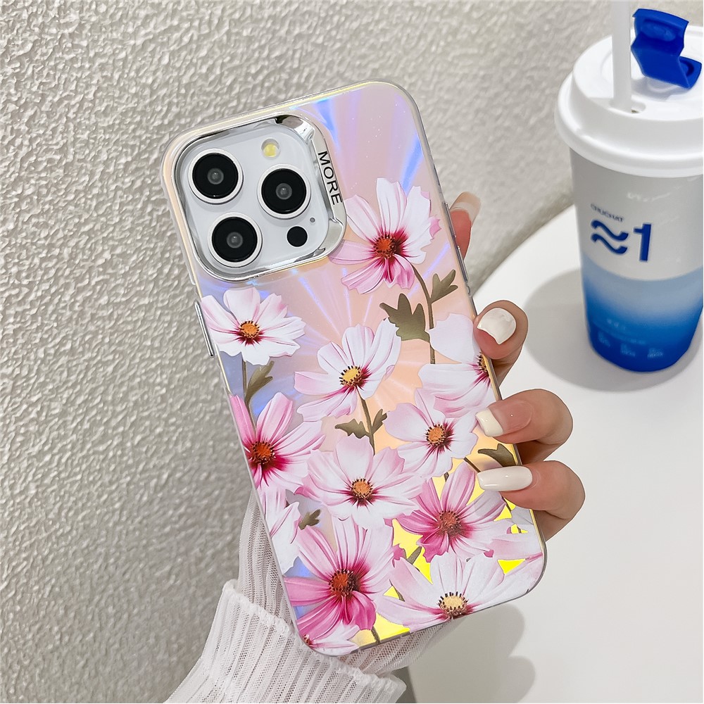 For iPhone 13 Pro Case Flower Pattern Laser Texture Electroplated Anti-scratch Phone Cover - AH7