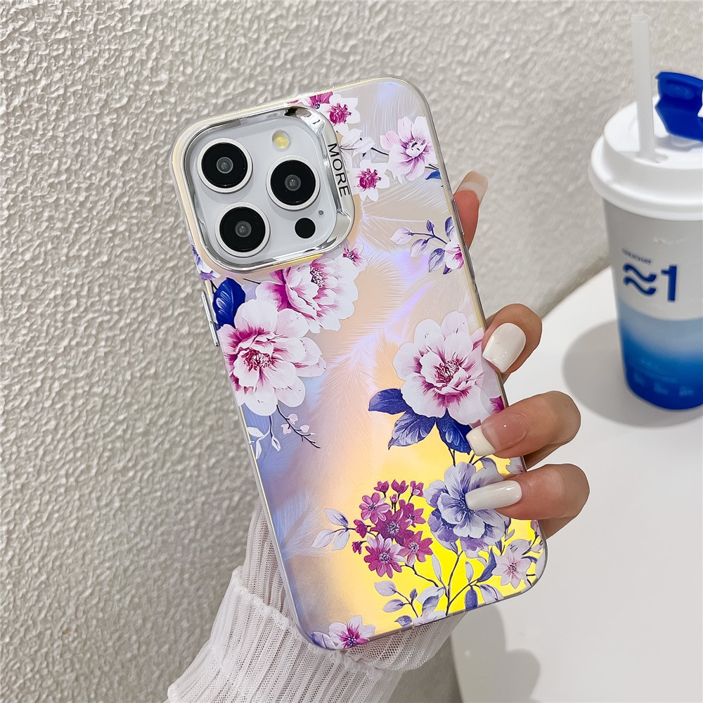 For iPhone 13 Pro Case Flower Pattern Laser Texture Electroplated Anti-scratch Phone Cover - AH11