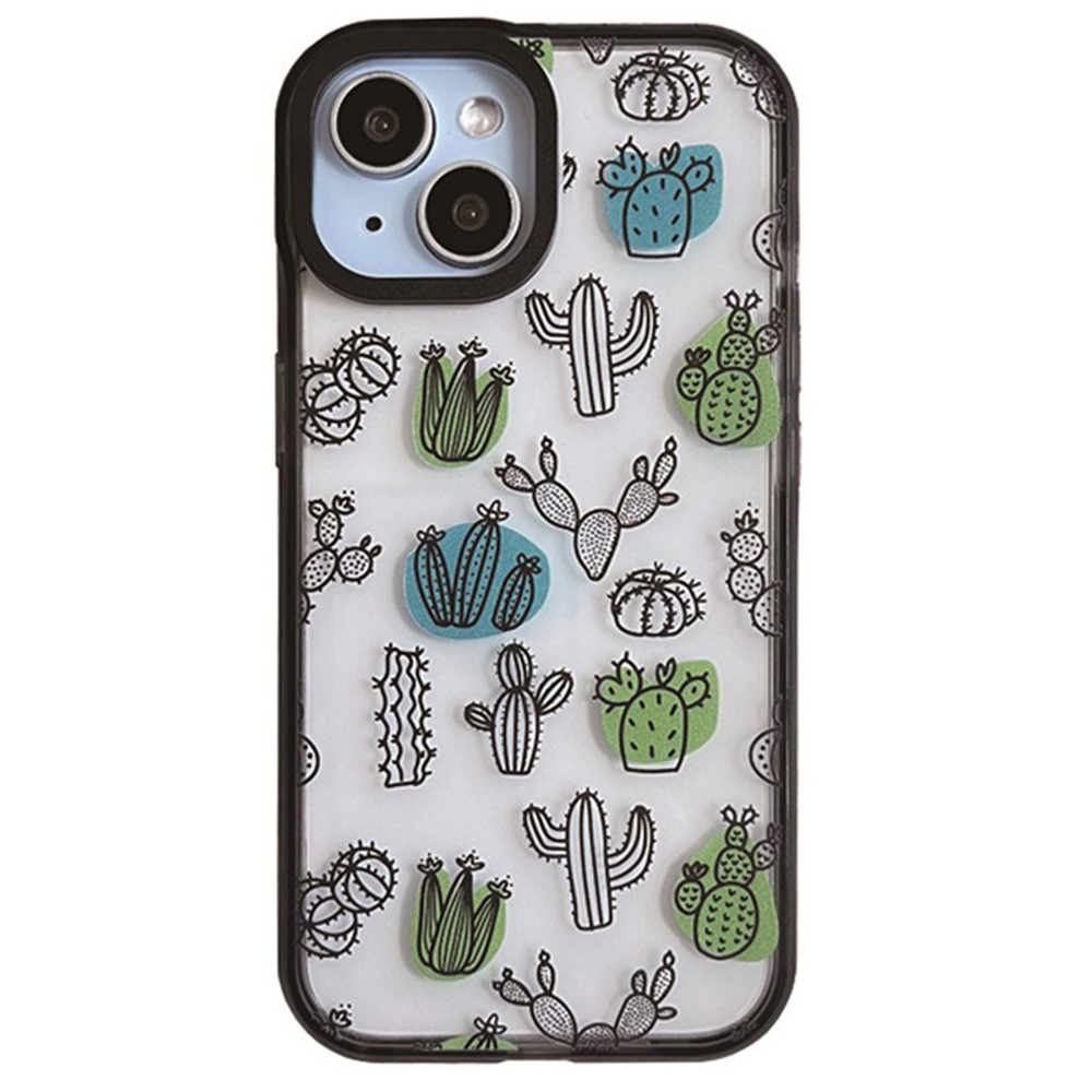 For iPhone 14 Plus Cell Phone Cases Colorful Pattern Shockproof Acrylic Back Cover - Cactus Sketch