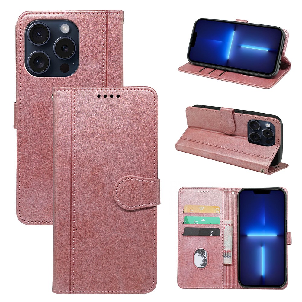 For iPhone 13 Pro Case PU Leather Calf Texture Phone Cover with Card / Cash Slots - Rose Gold